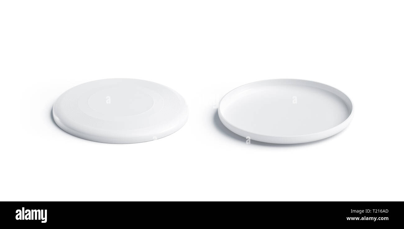 Vuoto in plastica bianca frisbee mockup, isolato, anteriore e posteriore, vista laterale, rendering 3d. Cerchio vuoto giocattolo per tempo libero mock up. Cancellare sport giocattolo per modello di ricreazione. Foto Stock