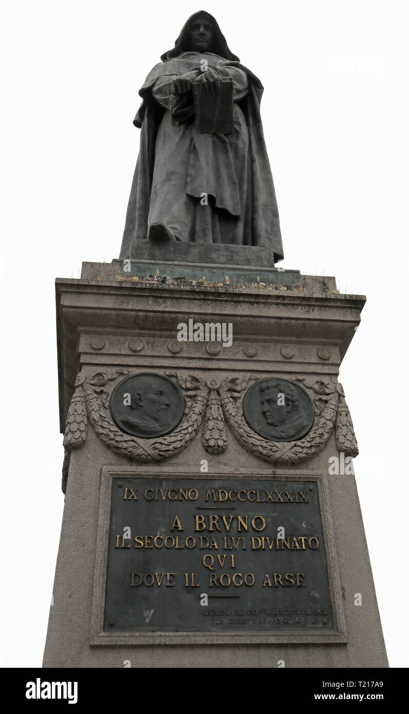 Statua di Giordano Bruno a Roma Italia. Egli fu bruciato sul rogo a Roma nel 1600 da Inquisizione romana Foto Stock