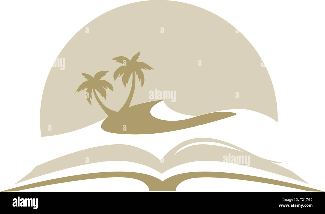 Dune con palme e libro aperto, icona logo Illustrazione Vettoriale