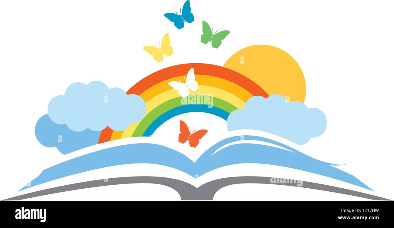 Libro arcobaleno e coloratissime farfalle Illustrazione Vettoriale