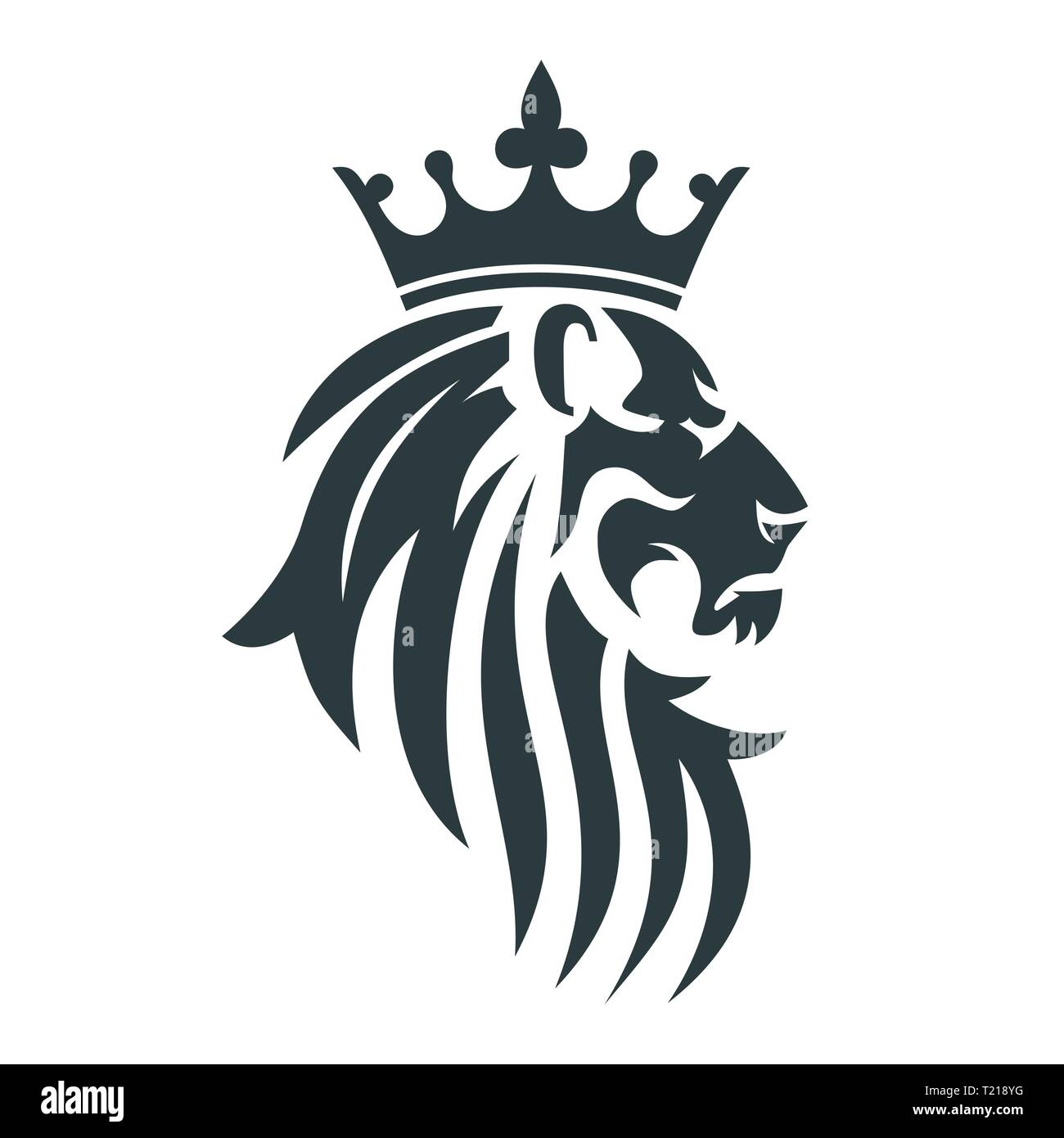 La testa di un leone con una corona regale. Illustrazione Vettoriale o modello per il business Illustrazione Vettoriale
