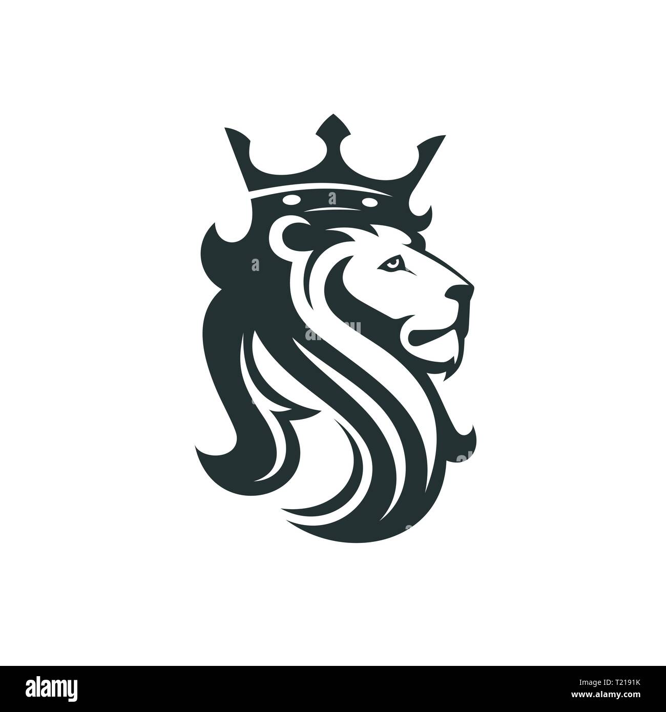 La testa di un leone con una corona regale. Illustrazione Vettoriale o modello per il business Illustrazione Vettoriale