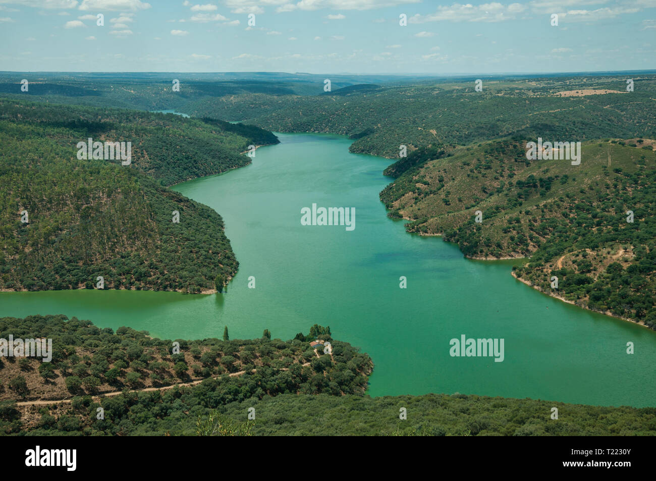 Fiume Tago in una valle collinare con alberi e casa al Monfrague Parco Nazionale. Un luogo straordinario con un affascinante montagna cresta in Spagna. Foto Stock