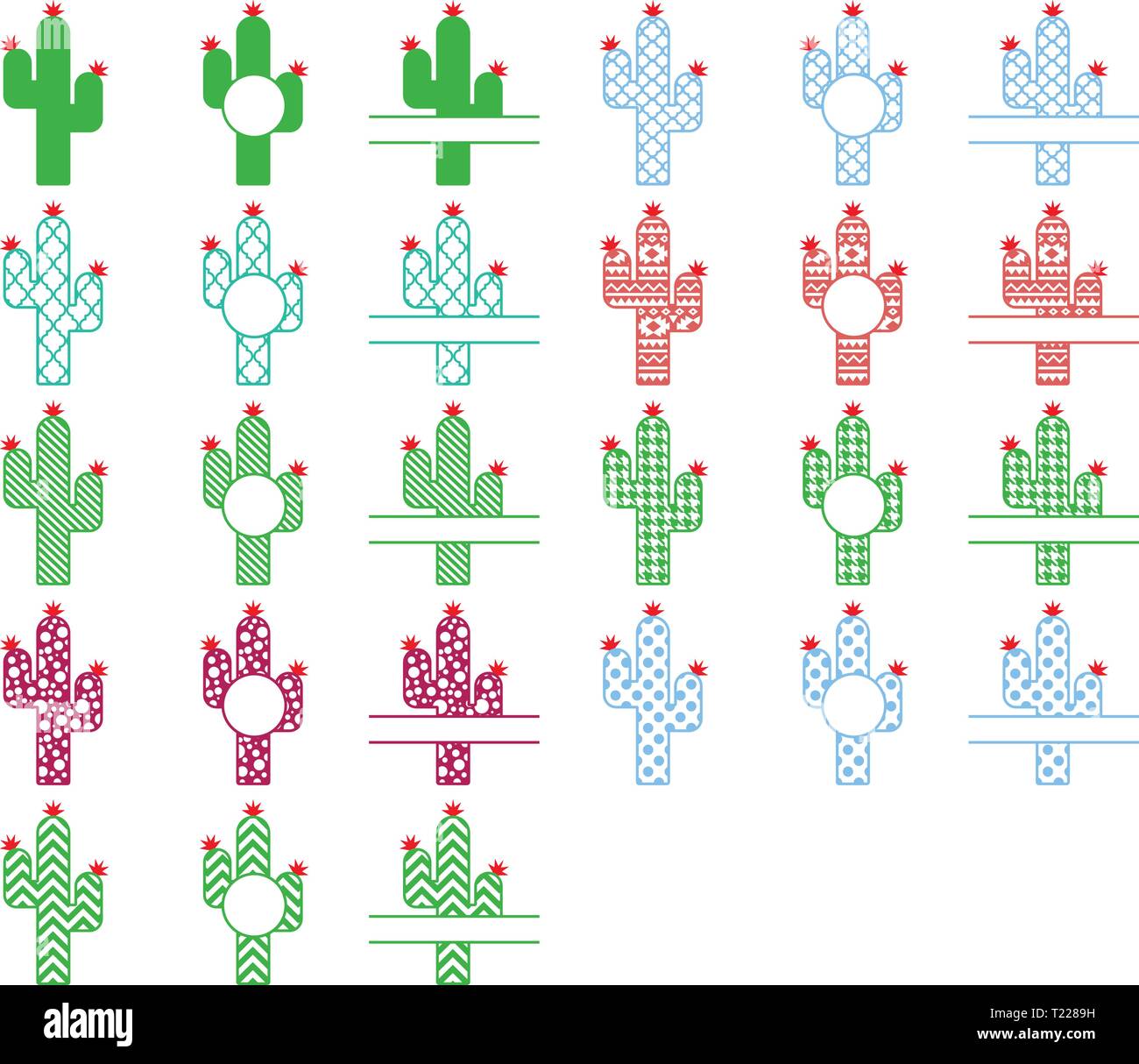Set di vettore di bright Cactus. Collezione di piante esotiche. Decorativi elementi naturali sono isolati su bianco. Cactus con fiori. Il set include mon Illustrazione Vettoriale