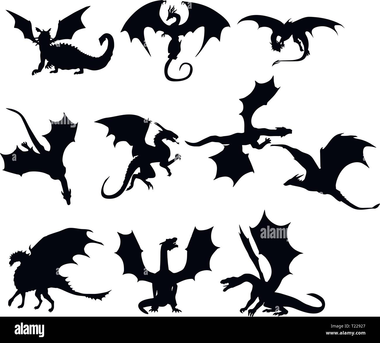 Dieci silhouette stilizzata di draghi in bianco e nero. Illustrazione Vettoriale