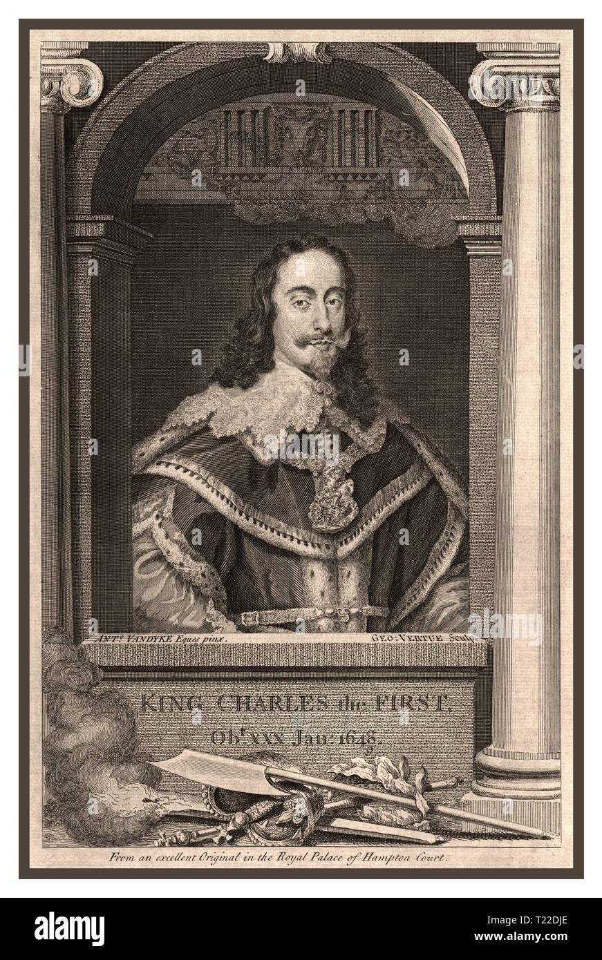 Re Charles IST Vintage B&W incisione fine di re Carlo i 1648 da un originale di Vandyke tenuto nel palazzo reale di Hampton Court UK “RE CARLO IL PRIMO” gennaio 1648 Foto Stock