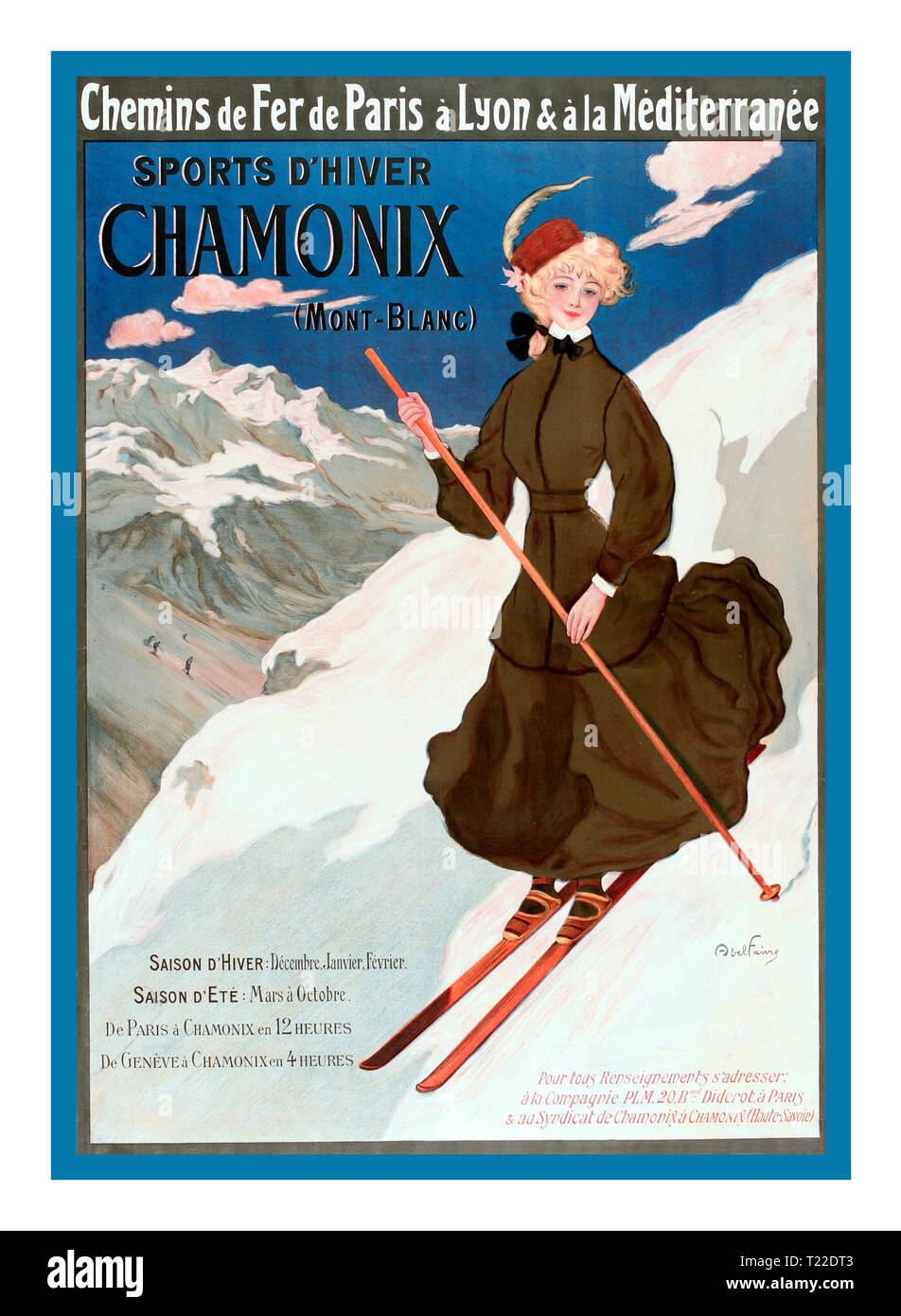 Vintage francese di Chamonix Sci Sci Poster 1900 dalle Ferrovie Francesi via Paris Lyon e Mediterranée Sports d'hiver-sport invernali. Chamonix Monte Bianco (Francia) 1905 Foto Stock