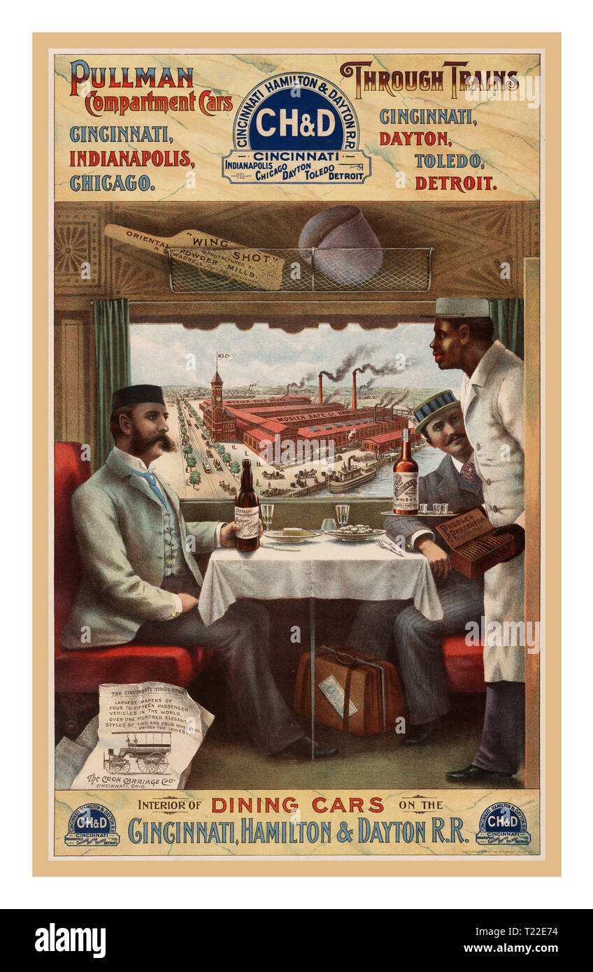 L'annata 1880 convoglio ferroviario CH&D Poster. Americano di lusso Pullman pranzo vano Vetture automobili, attraverso i treni. Cincinnati, Indianapolis, Chicago. Cincinnati, Dayton, Toledo, Detroit. Interno della sala da pranzo su vetture di Cincinnati, Hamilton & Dayton R.R. Poster pubblicitario mostra due uomini seduti a un tavolo in una carrozza ristorante su un treno essendo servita da un americano africano porter. Foto Stock