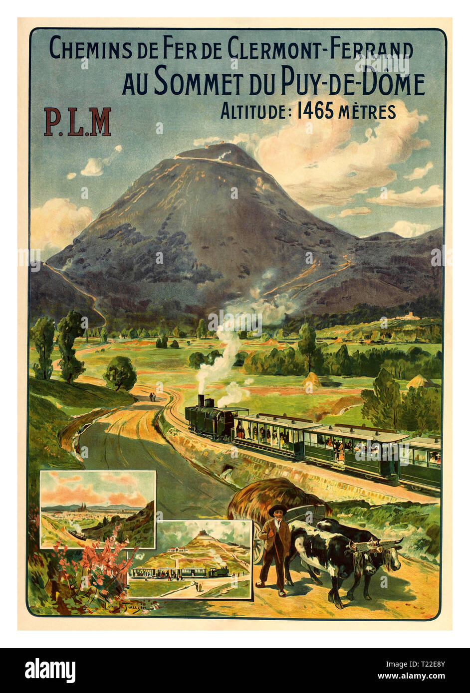 Vintage viaggi ferroviari Poster per la società PLM, prima di azionare il Puy-de-Dôme un treno che correva dal 1907 al 1926. Chemins de Fer de Clermont-Ferrand au Sommet du Puy-de-Dôme Francia 1907-1915 data dall artista Louis Tauzin Foto Stock