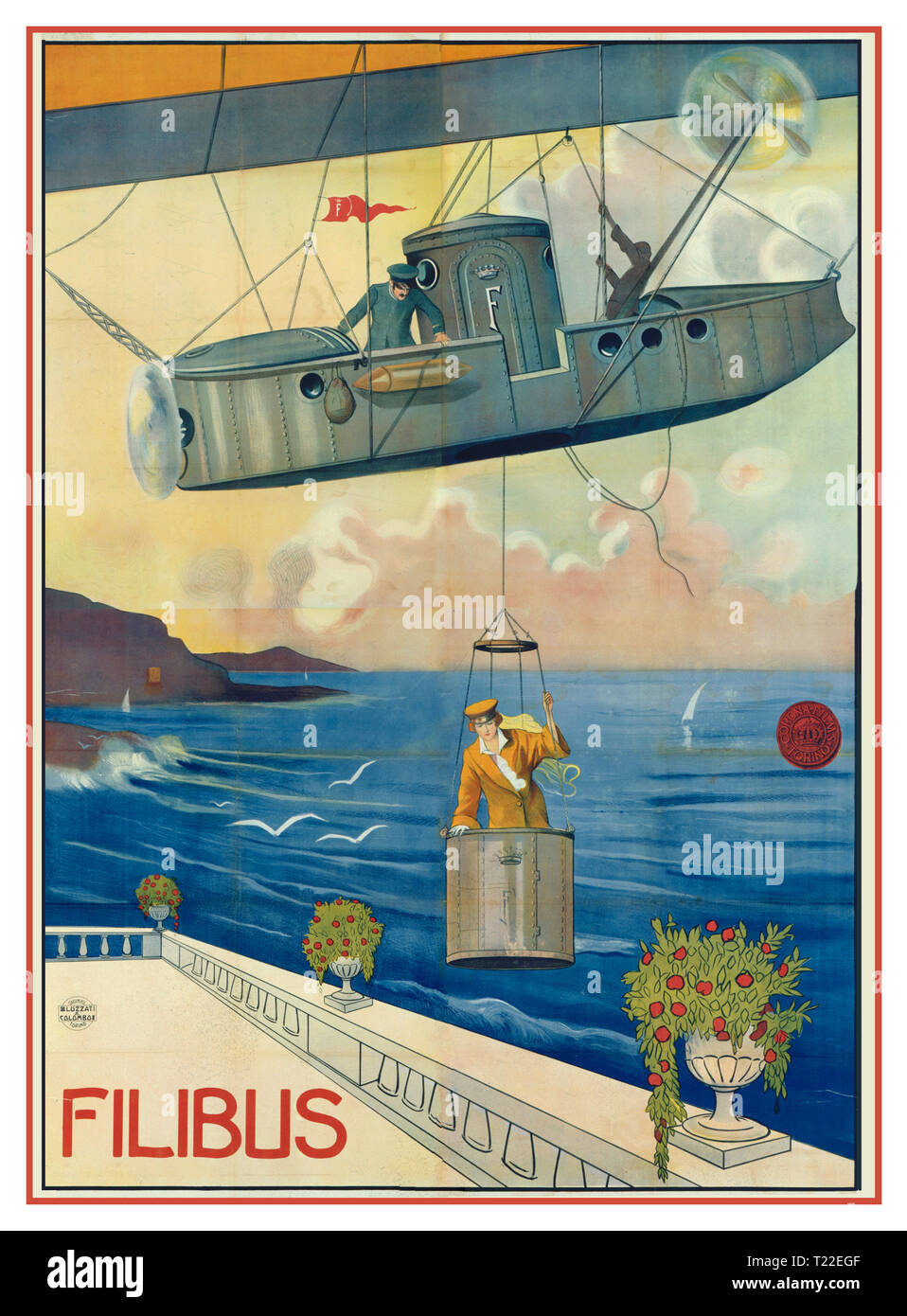 FILIBUS Vintage del novecento italiano poster del filmato per il 1915 film "Filibus" (Corona Cinematografica, Italia) Filibus è un 1915 Italian silent film di avventura diretto da Mario Roncoroni e scritto da Giovanni Bertinetti. Le caratteristiche del film sono Cristina Ruspoli come il carattere di titolo, un misterioso pirata del cielo che rende audace heists con la sua tecnologicamente avanzato dirigibile. Marzo 1915 (Italia) Foto Stock