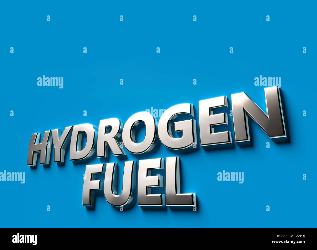Combustibile idrogeno parole come 3D segno o logo concetto posto sulla superficie blu con copia di spazio al di sopra di esso. Nuovo alimentato idrogeno automobili concetto. Il rendering 3D Foto Stock