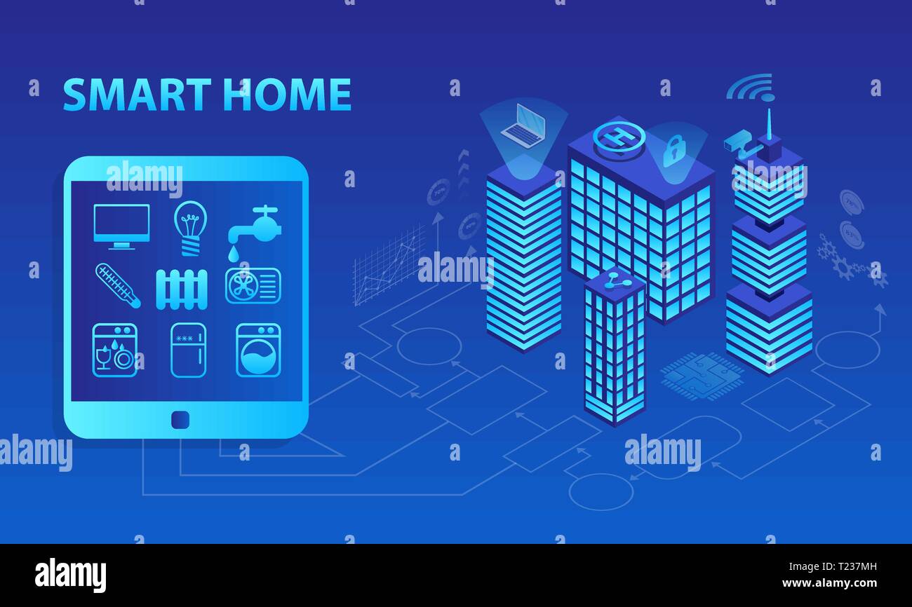 Smart home concetto. Vettore del paesaggio urbano e gli edifici intelligenti, controllato tramite computer app. La tecnologia del futuro sistema di gestione piattaforma. Illustrazione Vettoriale