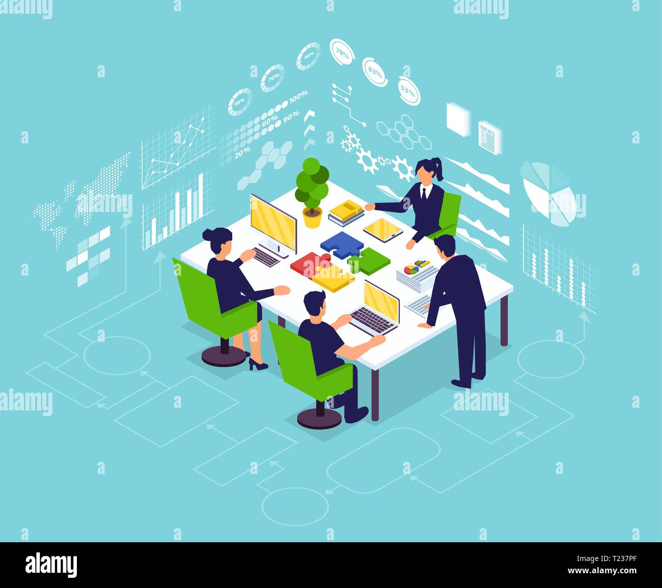 Gestione del progetto il lavoro di squadra e la relazione finanziaria il concetto di strategia. Vettore isometrica di imprenditori gestione del team nuovo progetto con successo. Illustrazione Vettoriale