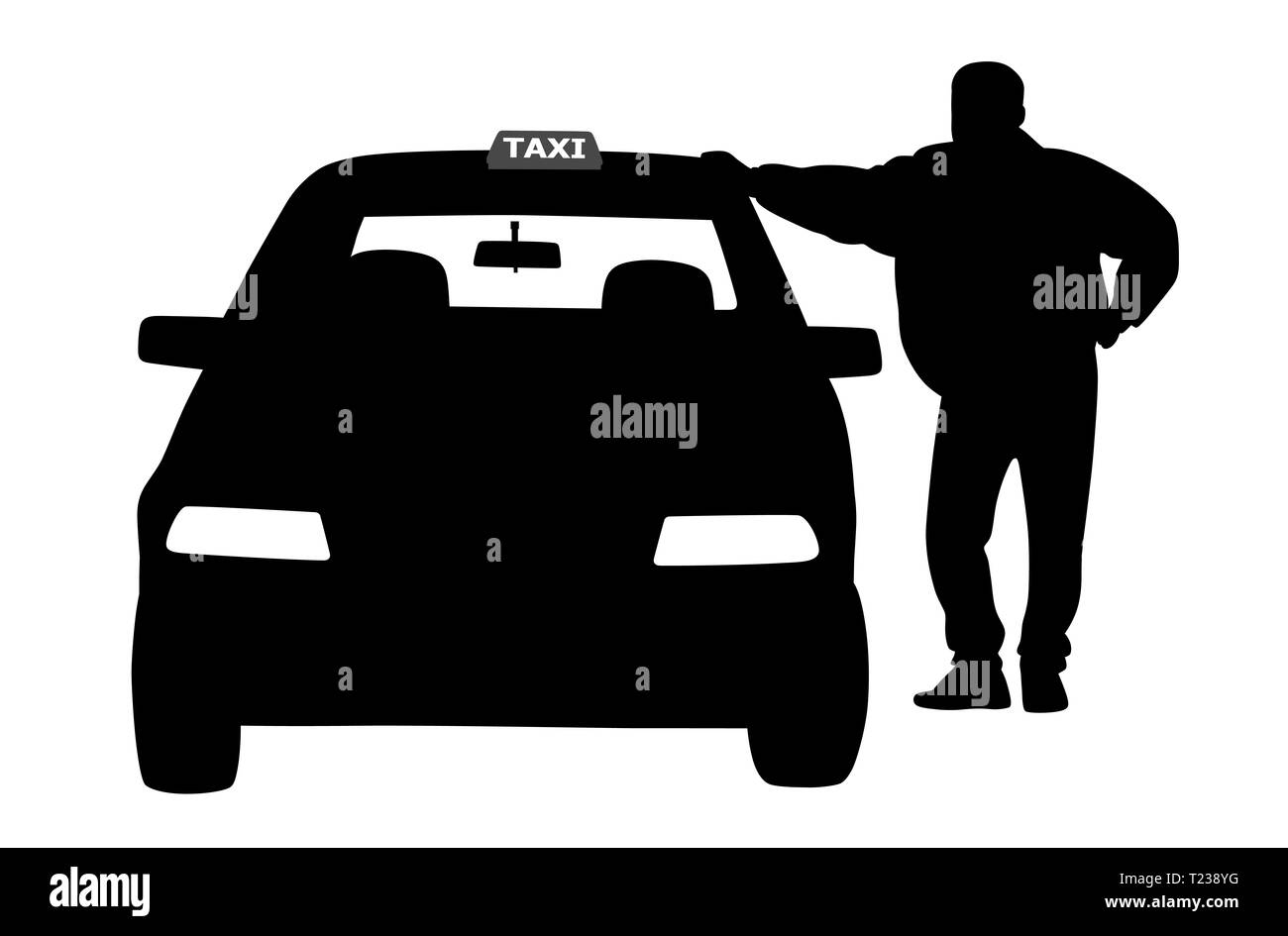 Taxi driver in piedi accanto al servizio taxi auto, in attesa di un passeggero. Foto Stock