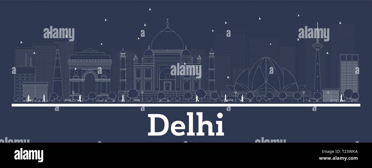 Delineare Delhi India skyline della città con edifici bianchi. Illustrazione Vettoriale. Viaggi di lavoro e di concetto con architettura moderna. Paesaggio urbano di Delhi. Illustrazione Vettoriale