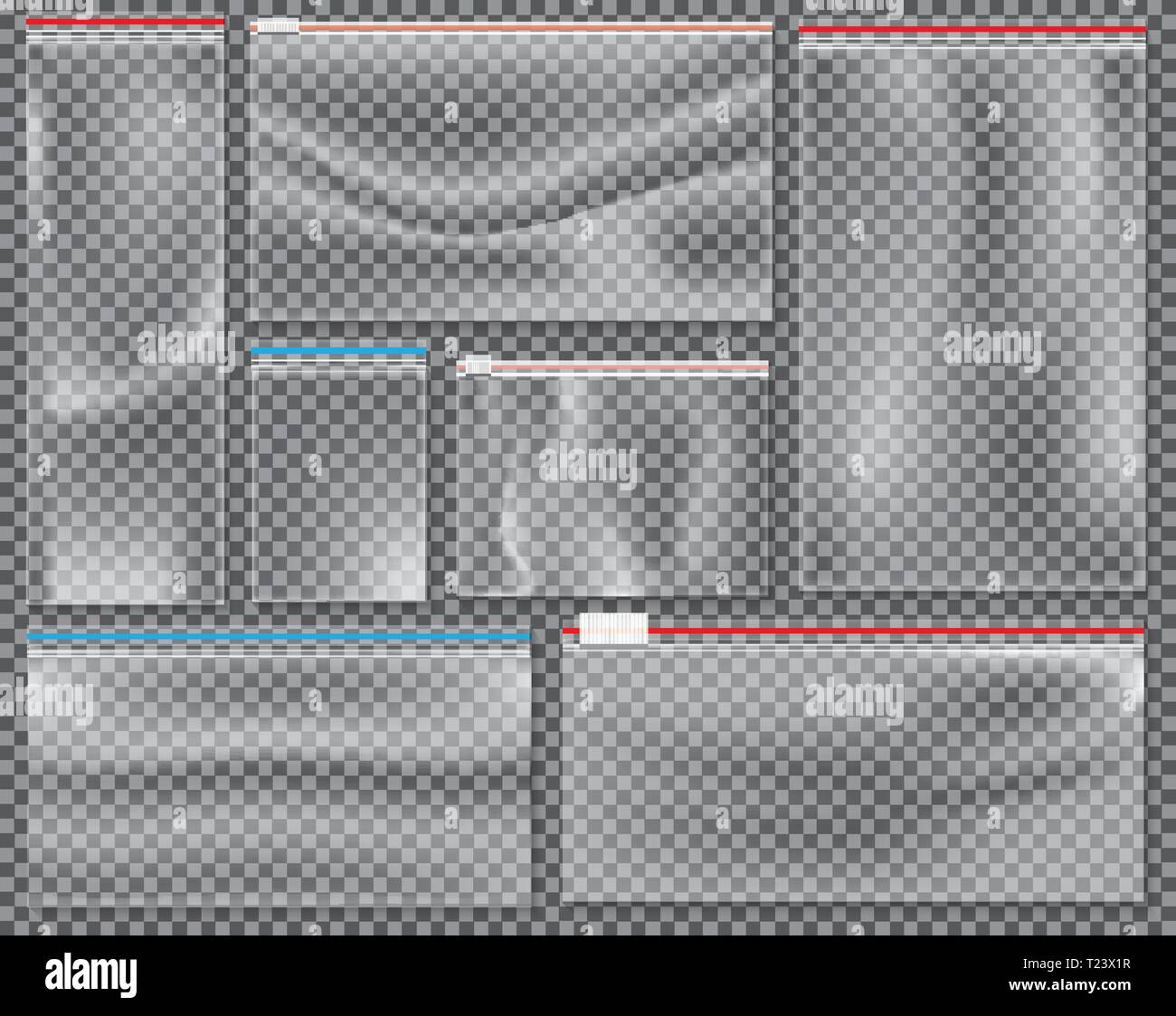 Trasparente sacchetto di nylon con bloccaggio o Zip. Illustrazione Vettoriale. Set di isolato di polietilene sigillati Pack. Illustrazione Vettoriale