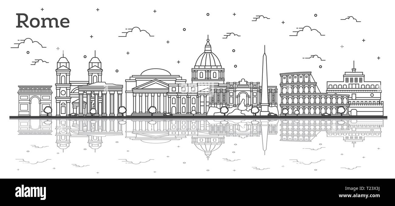 Delineare Roma Italia skyline della città con edifici storici e di riflessioni isolato su bianco. Illustrazione Vettoriale. Roma Paesaggio con punti di riferimento. Illustrazione Vettoriale