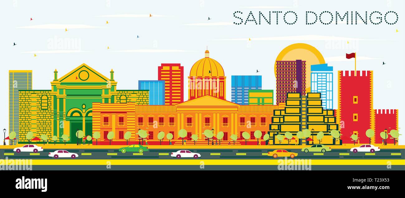 Santo Domingo Repubblica Dominicana Skyline con edifici di colore e cielo blu. Illustrazione Vettoriale. Il concetto di turismo con architettura moderna. Illustrazione Vettoriale