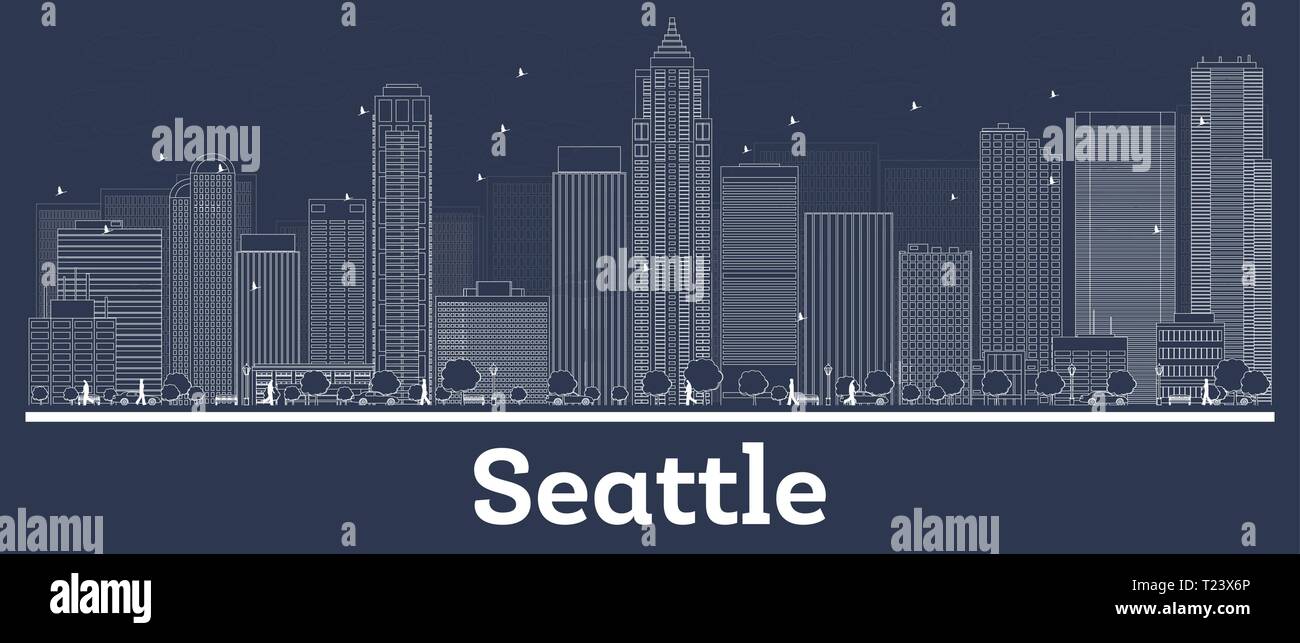 Profilo Seattle Washington skyline della città con edifici bianchi. Illustrazione Vettoriale. Viaggi di lavoro e di concetto con architettura moderna. Illustrazione Vettoriale