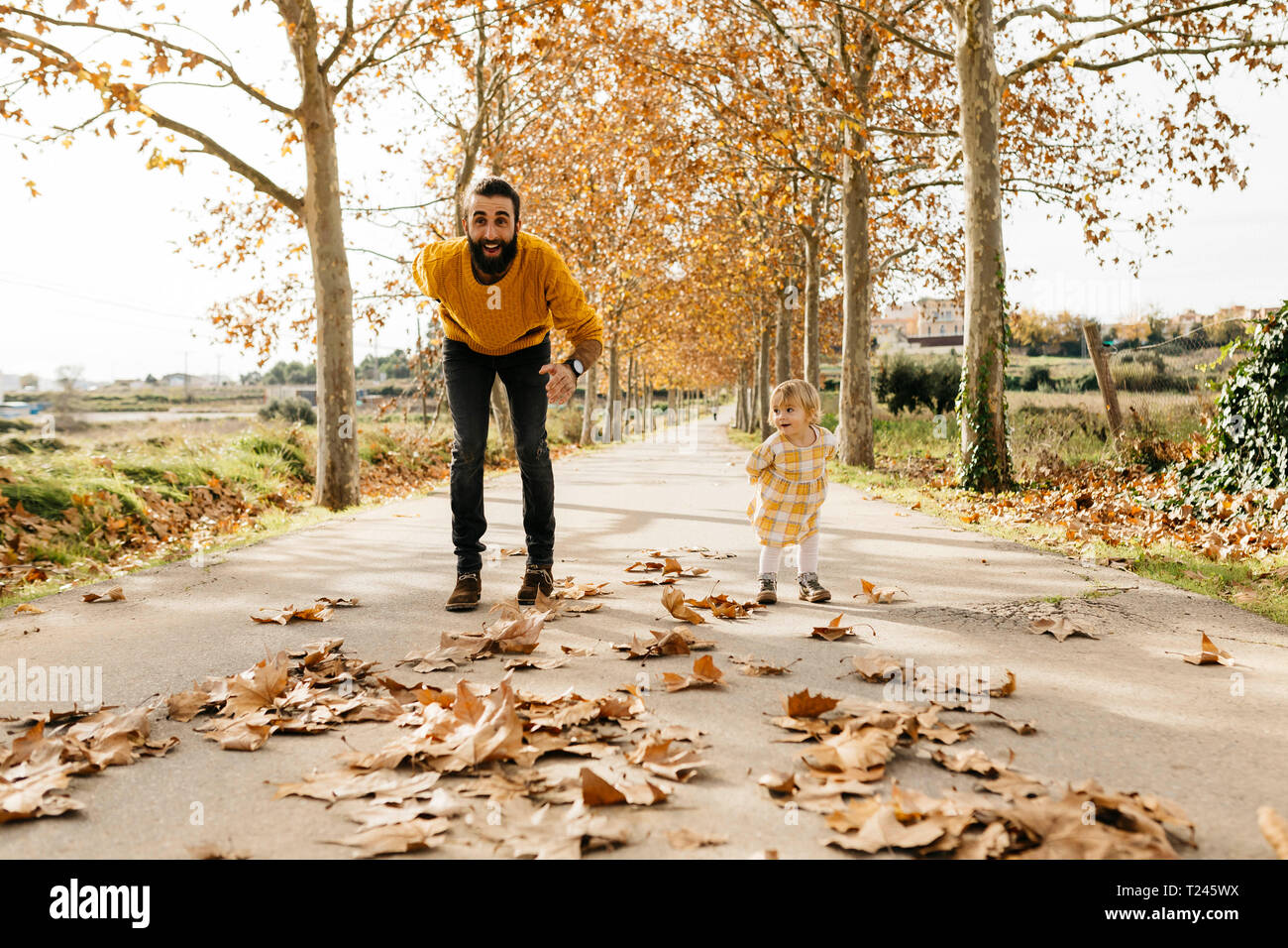 Padre e figlia gioca su una strada nel parco in autunno Foto Stock