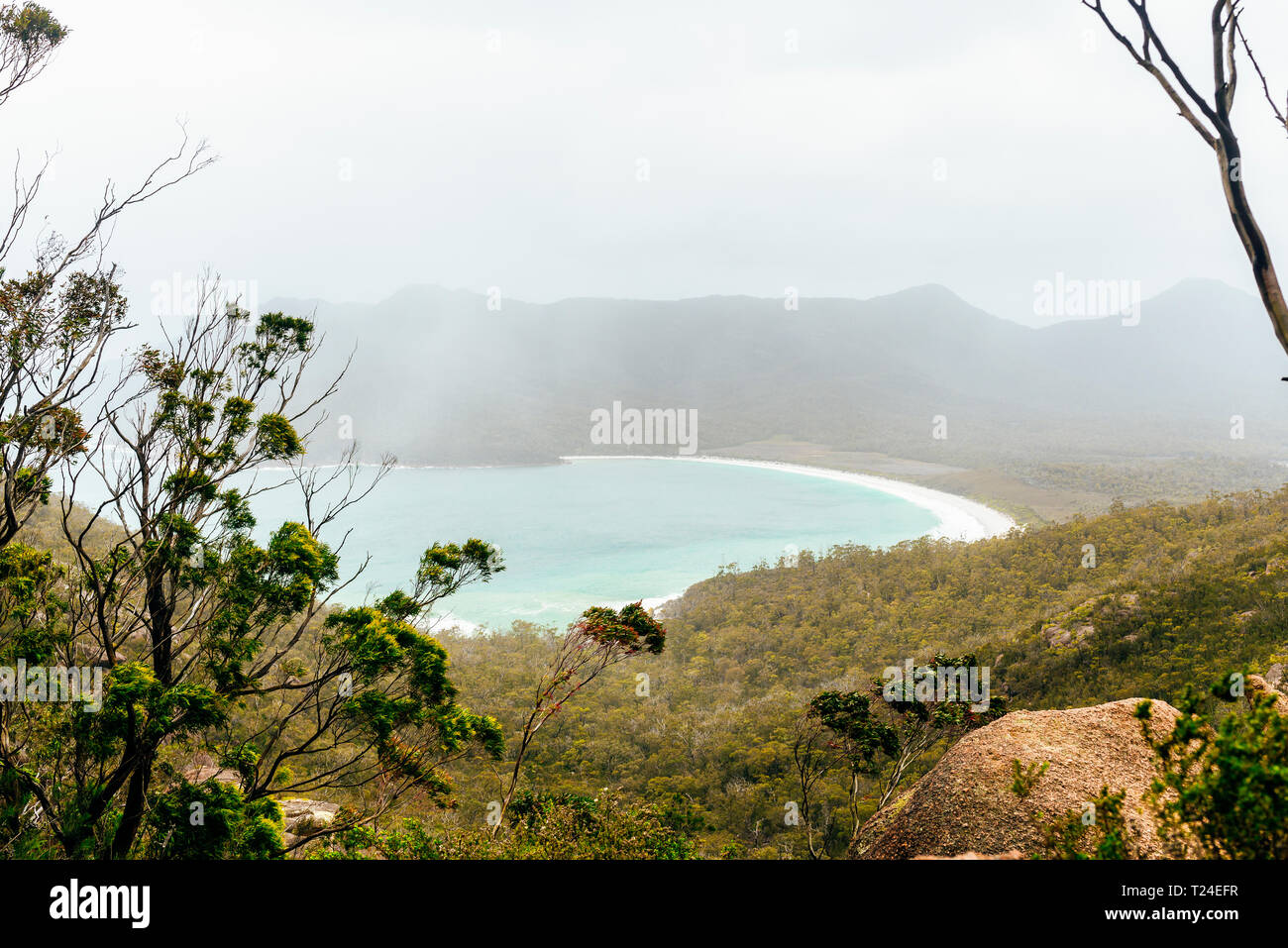 Australia e Tasmania, Parco Nazionale di Freycinet, vista della Wineglass Bay su nebbioso giorno Foto Stock