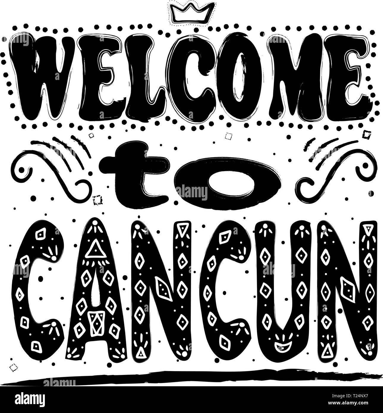 Benvenuto a Cancun. È una città nel sud-est del Messico sulla costa nord-orientale della penisola dello Yucatan. Disegno a mano, isolare, scritte, tipografia, fon Illustrazione Vettoriale