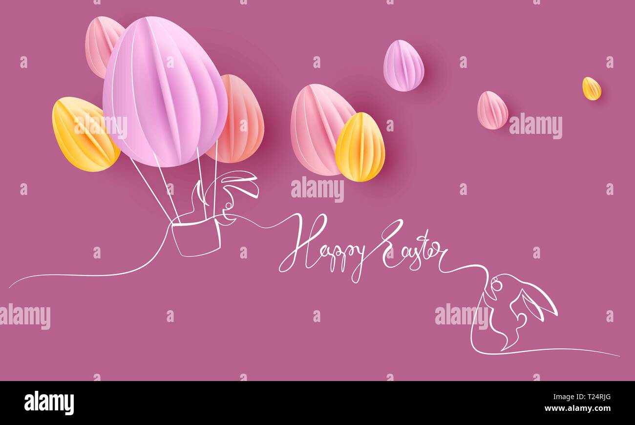 Felice Pasqua card. Carino disegnato a mano i conigli con aria palloncino a forma di uova. Vettore desing di carta illustrazione. Continuo di uno stile della linea. Illustrazione Vettoriale