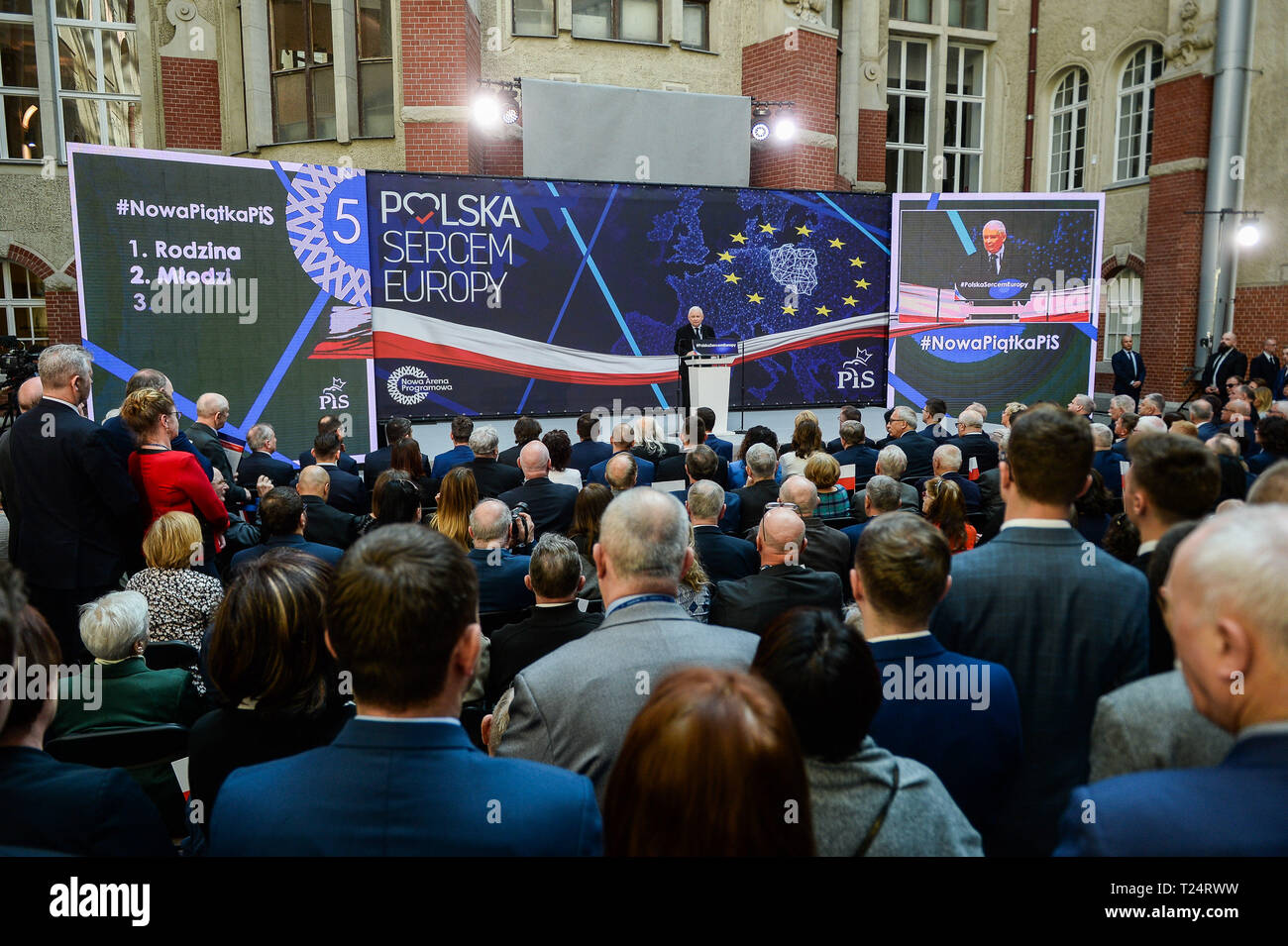 Jaroslaw Kaczynski visto parlando durante il diritto e la giustizia (Prawo i Sprawiedliwosc) convenzione. Foto Stock