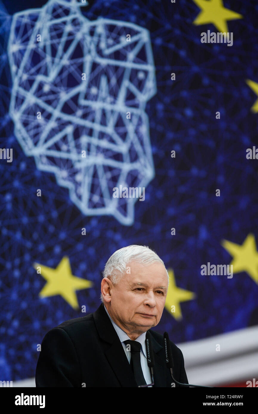 Jaroslaw Kaczynski visto parlando durante il diritto e la giustizia (Prawo i Sprawiedliwosc) convenzione. Foto Stock