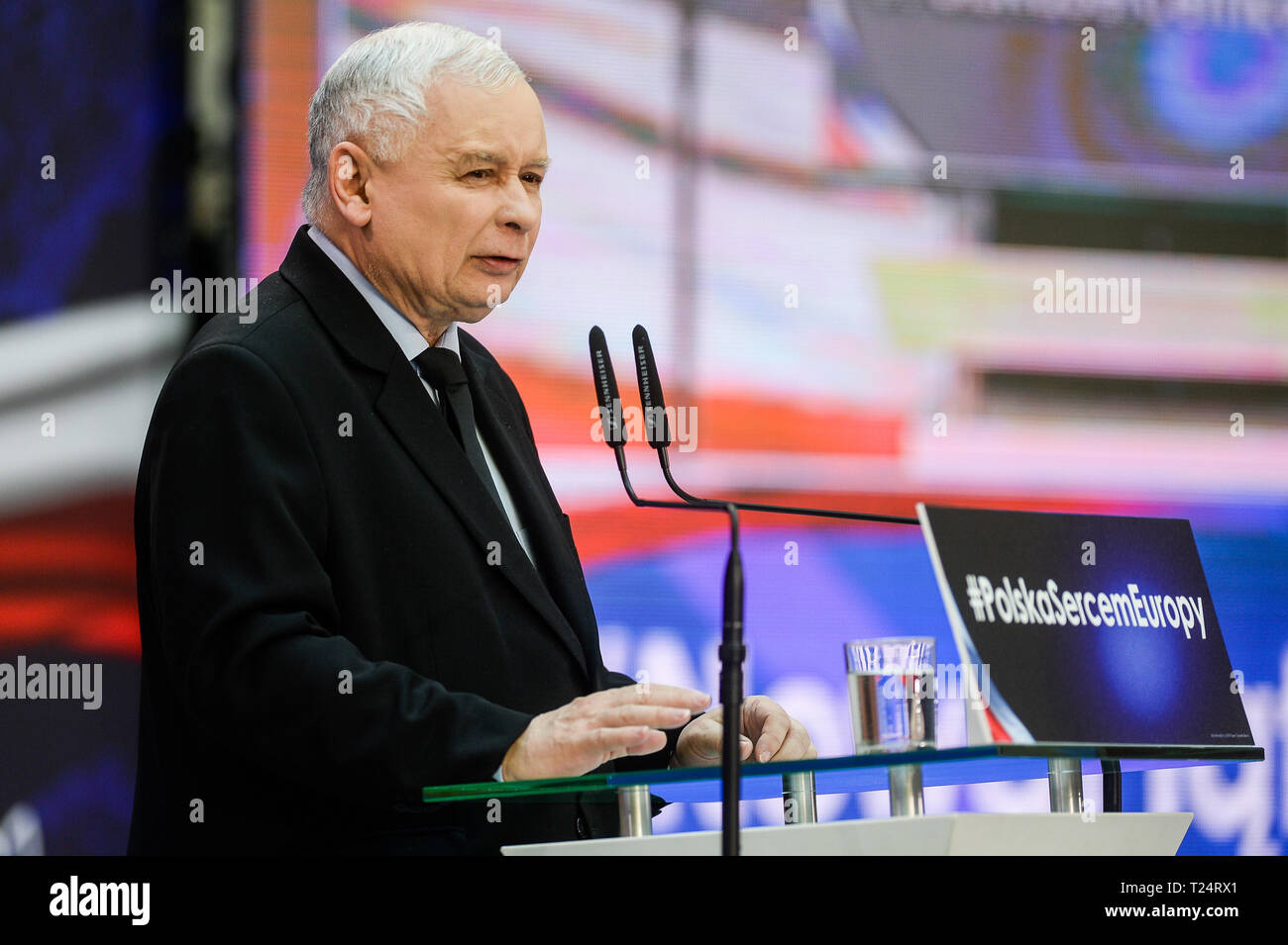 Jaroslaw Kaczynski visto parlando durante il diritto e la giustizia (Prawo i Sprawiedliwosc) convenzione. Foto Stock