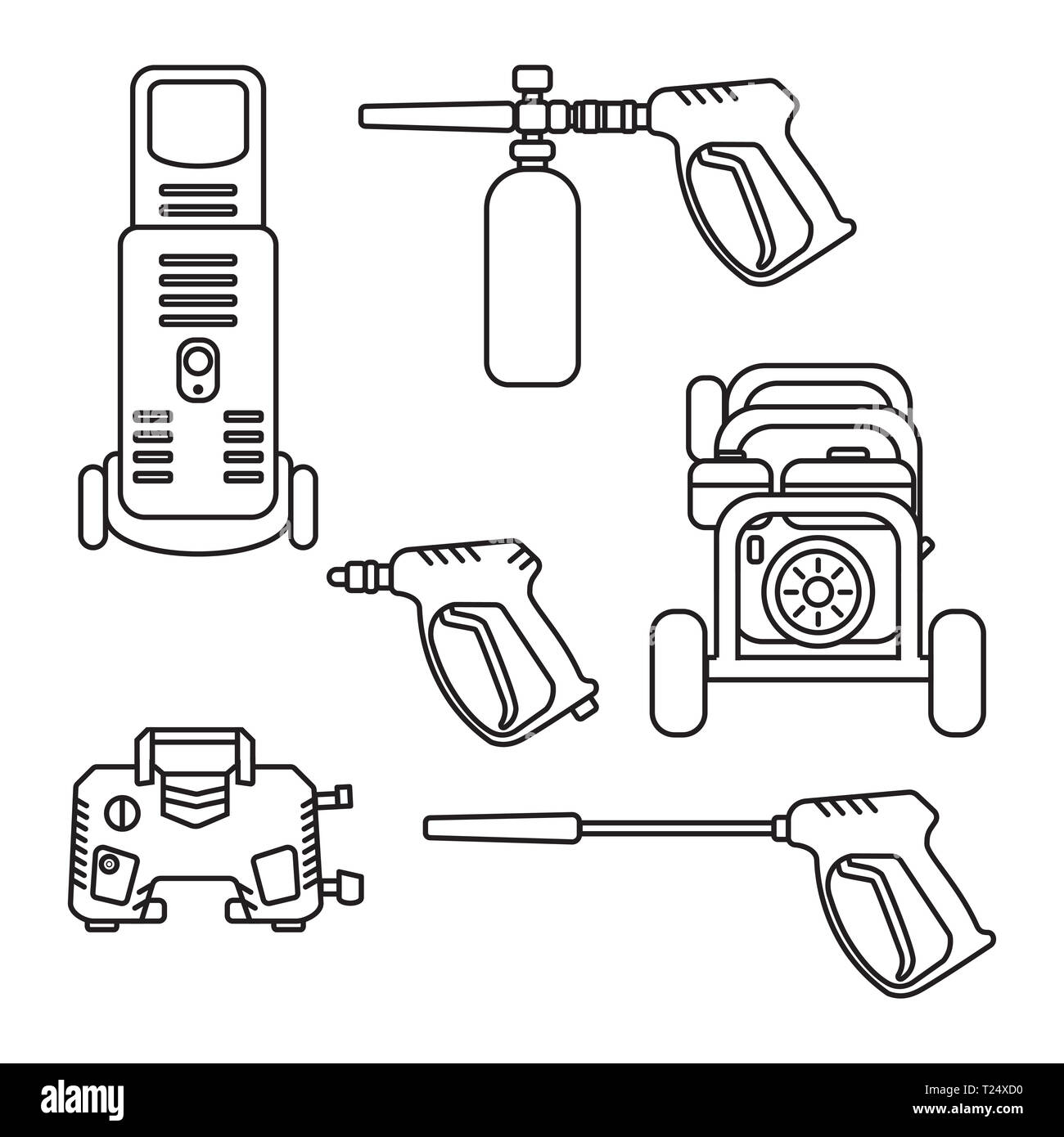 Set di illustrazione vettoriale la rondella di pressione elettrico della macchina con la pistola a spruzzo attrezzature design piatto stile silhouette Foto Stock