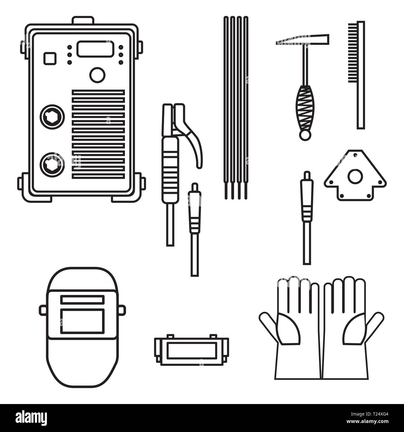 Set di illustrazione vettoriale arco di saldatura macchina equipaggiamento guanto porta casco il martello per la costruzione industriale e lavorazione metallo piatta desi silhouette Foto Stock