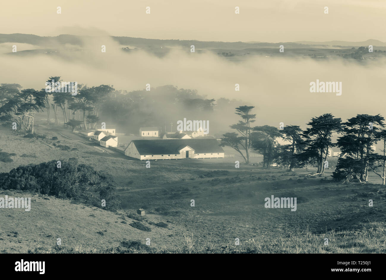 Vista dello storico Pierce Point Ranch copre nella nebbia a sunrise in Point Reyes National Seashore, California, Stati Uniti. Foto Stock