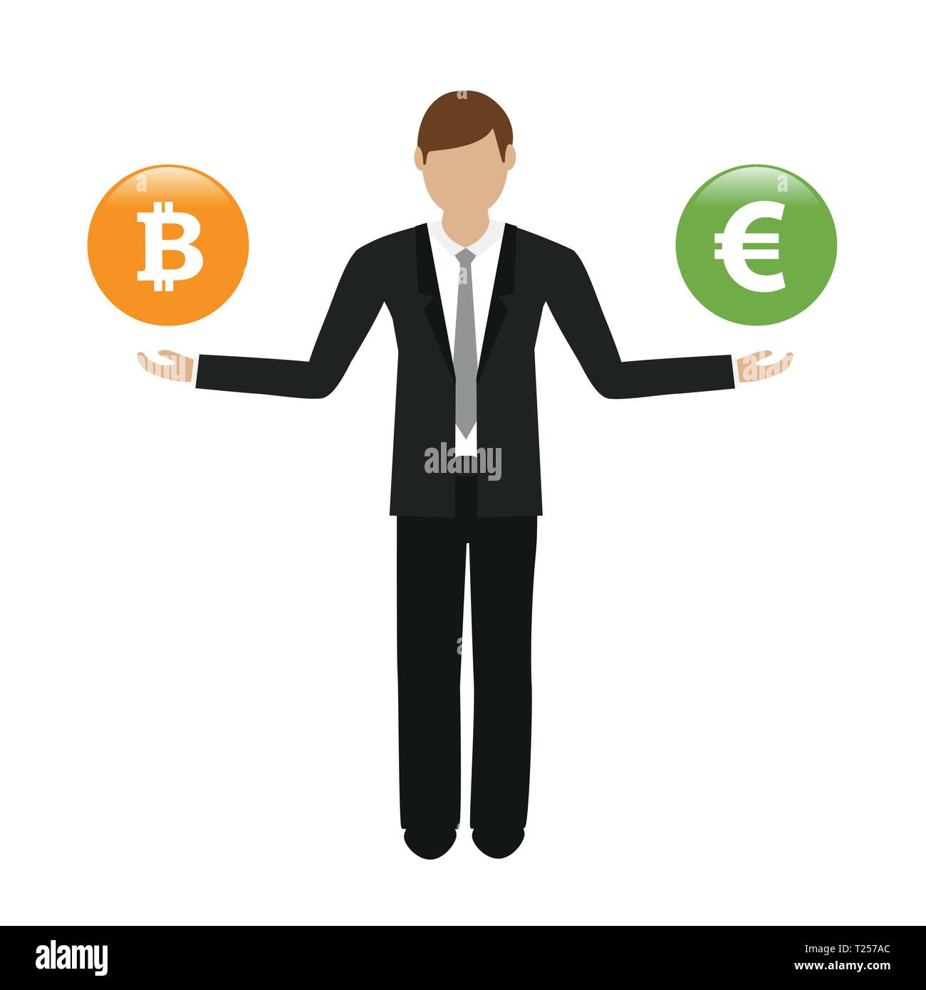 Imprenditore con bitcoin e pulsanti di euro illustrazione vettoriale EPS10 Illustrazione Vettoriale