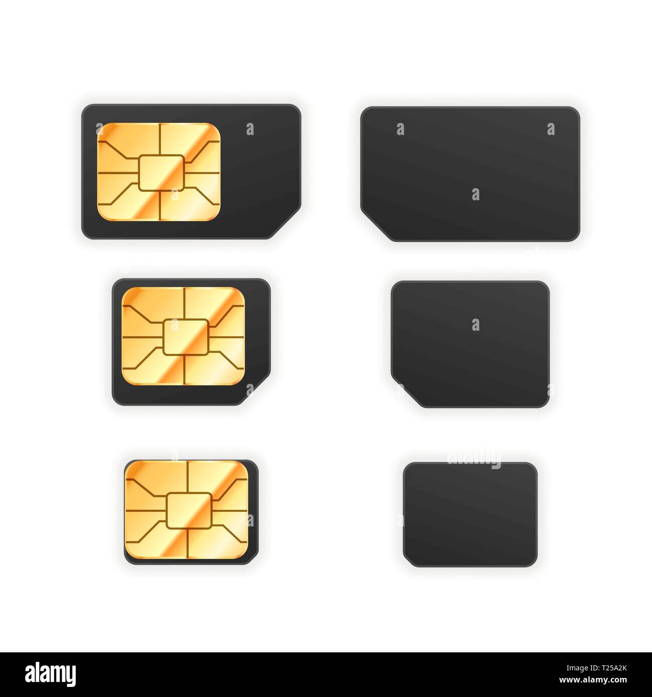Serie di standard nero, micro e nano sim card per telefono con golden chip  lucida da entrambi i lati isolato su bianco Immagine e Vettoriale - Alamy