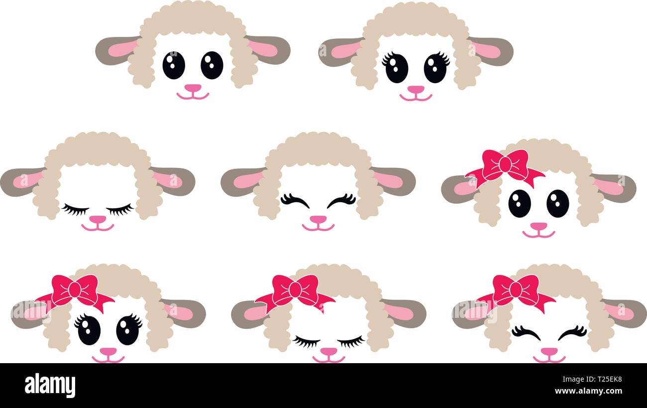 Una raccolta di otto bellissimi e simpatici facce di agnello Illustrazione Vettoriale