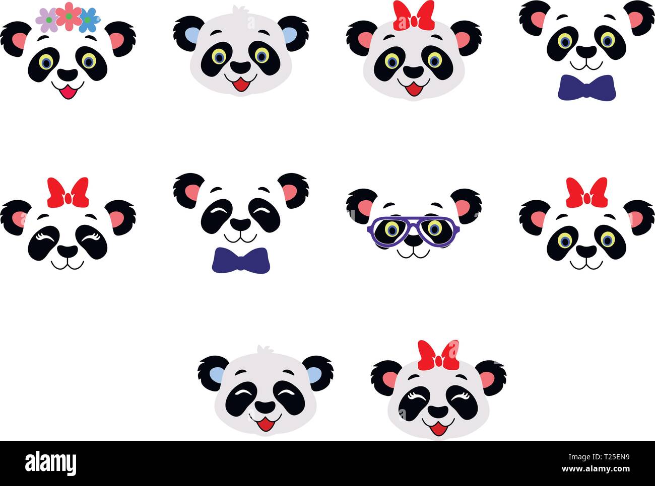 Una raccolta di belle facce panda Illustrazione Vettoriale