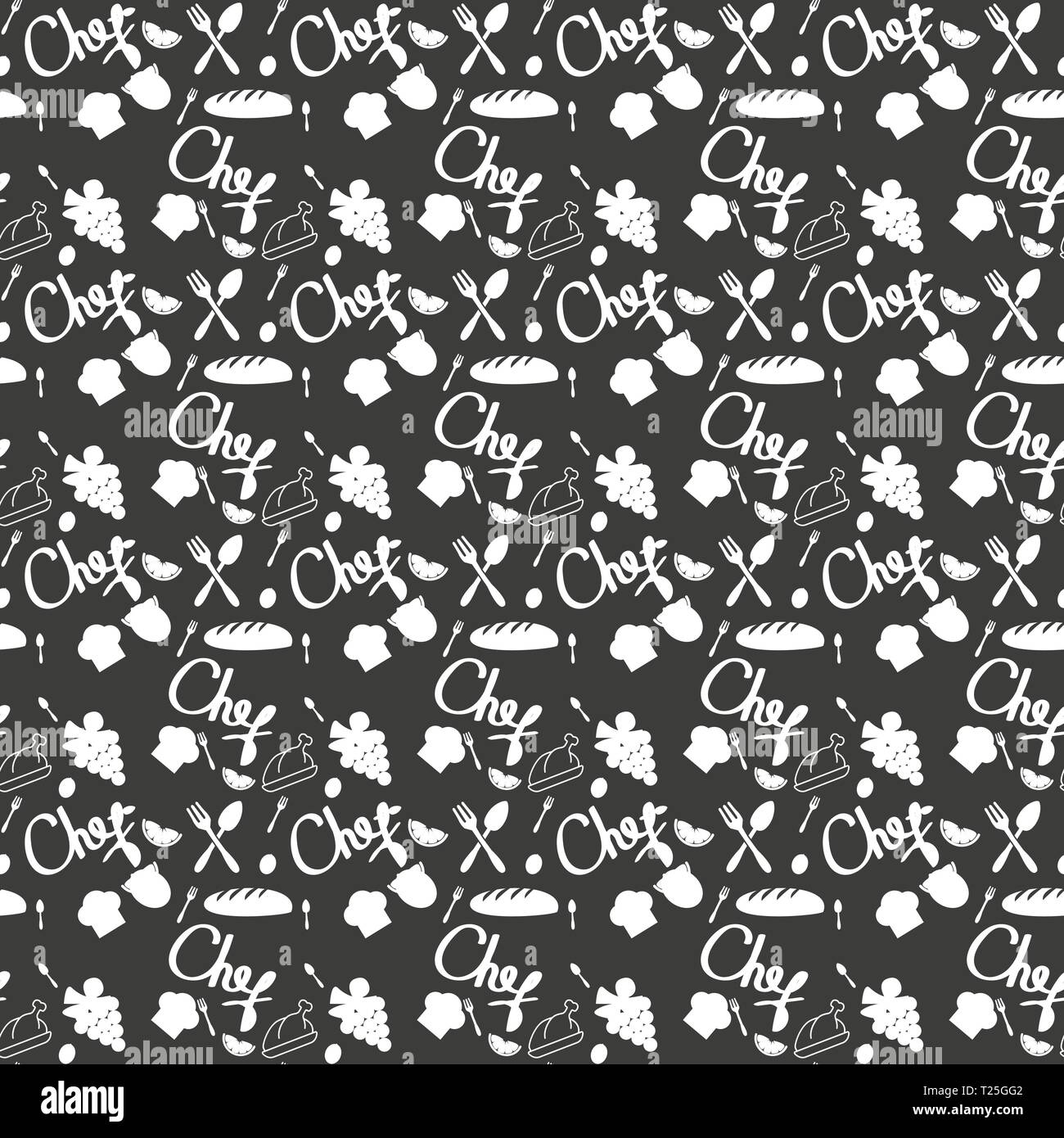 Seamless texture con cucina doodle schizzo utensili disegnati a mano con gessi sulla lavagna. Può essere utilizzato per la carta da parati, riempimenti, tessile, web Illustrazione Vettoriale