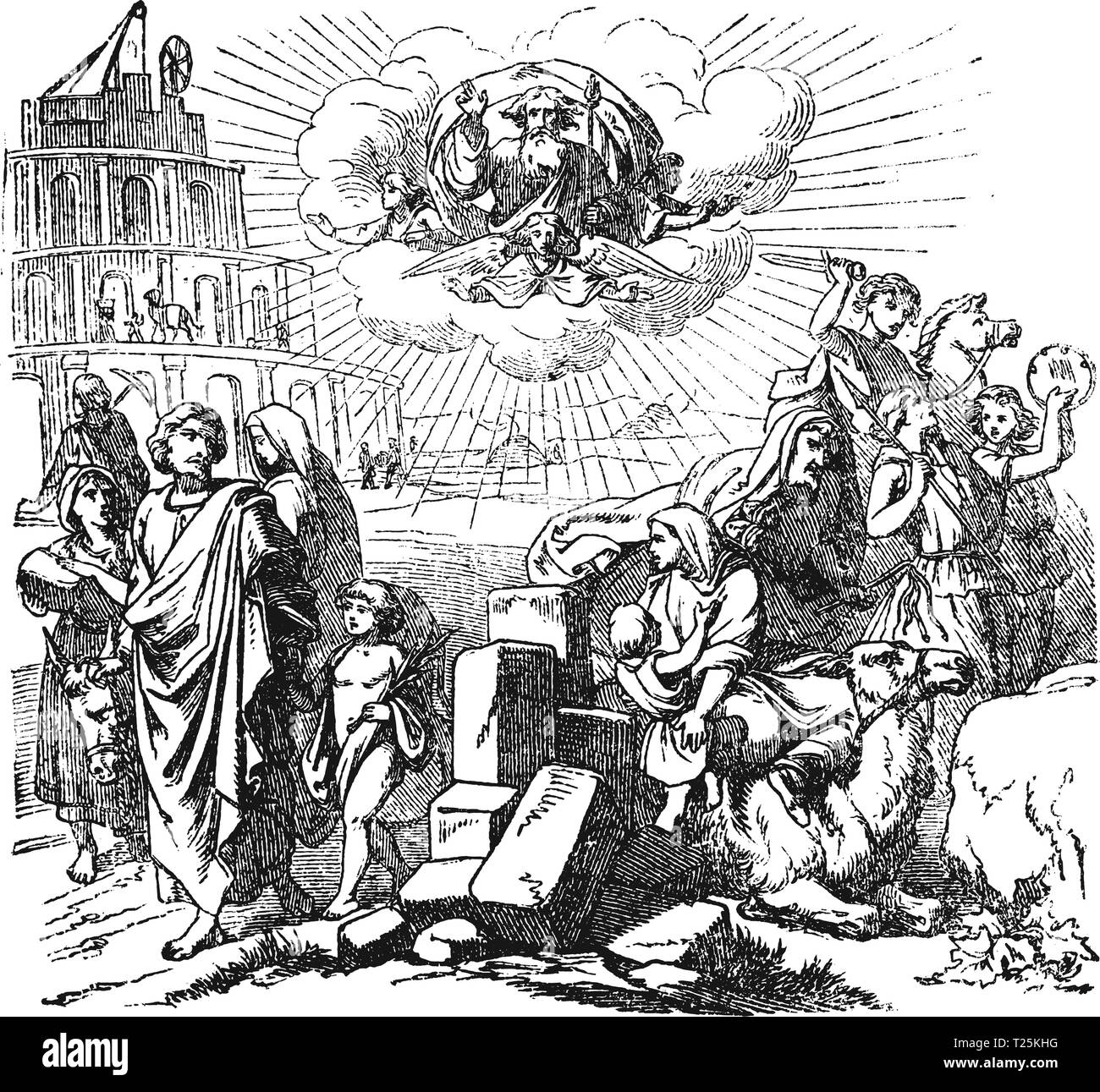 Vintage antique illustrazione e disegno della linea o incisione della storia biblica circa la torre di Babele.Da Biblische Geschichte des alten und neuen testamenti, Germania 1859.Genesi 11:1-9. Illustrazione Vettoriale