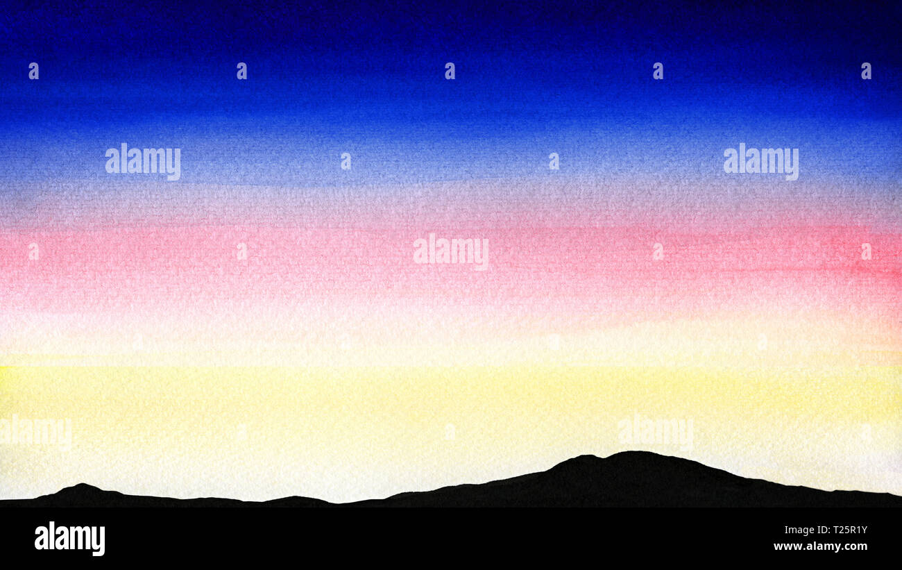 Colorato paesaggio ad acquerello del tramonto o l'alba sopra le montagne di silhouette Foto Stock