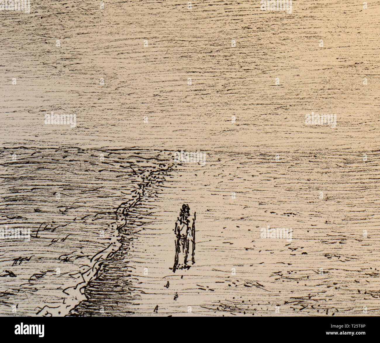 Fino alla fine del mondo (disegno di un uomo a camminare sulla spiaggia) Foto Stock