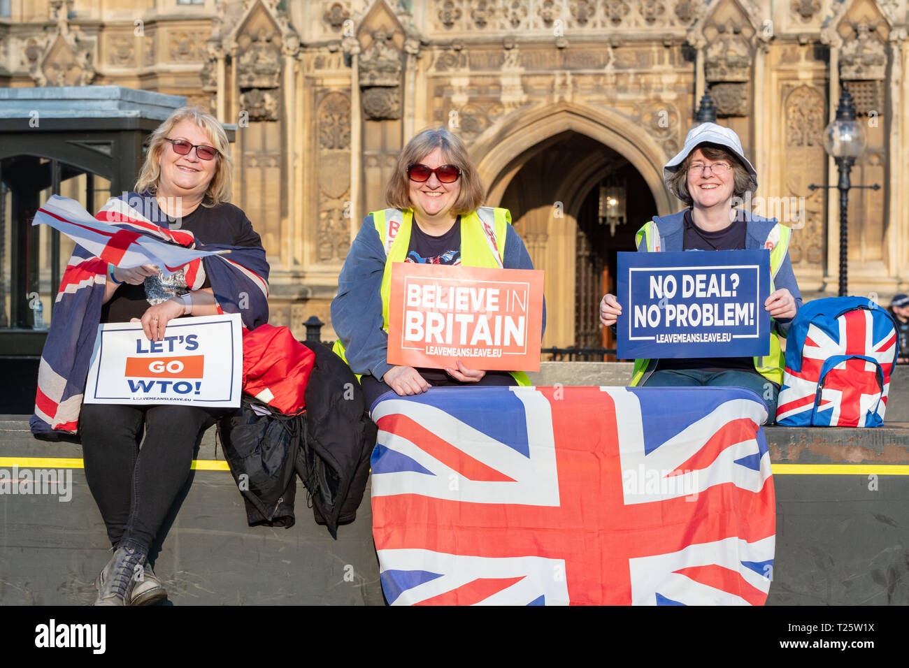 Westminster, Londra, Regno Unito; 29 marzo 2019; tre femminili Pro-Brexit dimostranti sedersi sulla barriera di sicurezza al di fuori del Parlamento tenendo Pro-Brexit segni Foto Stock