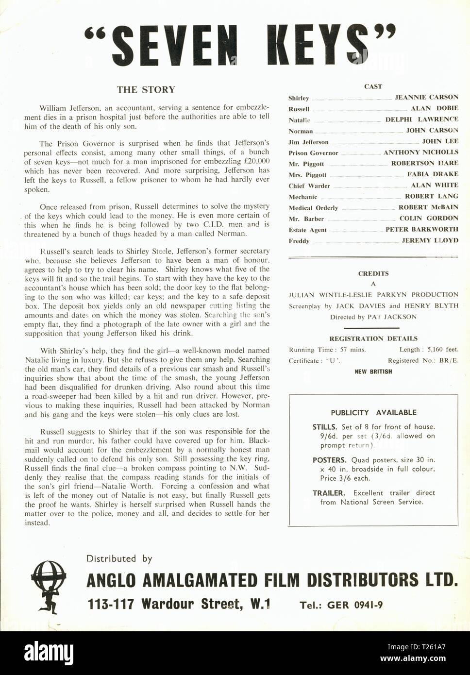 Sette tasti (1961) il materiale promozionale, Data: 1961 Foto Stock