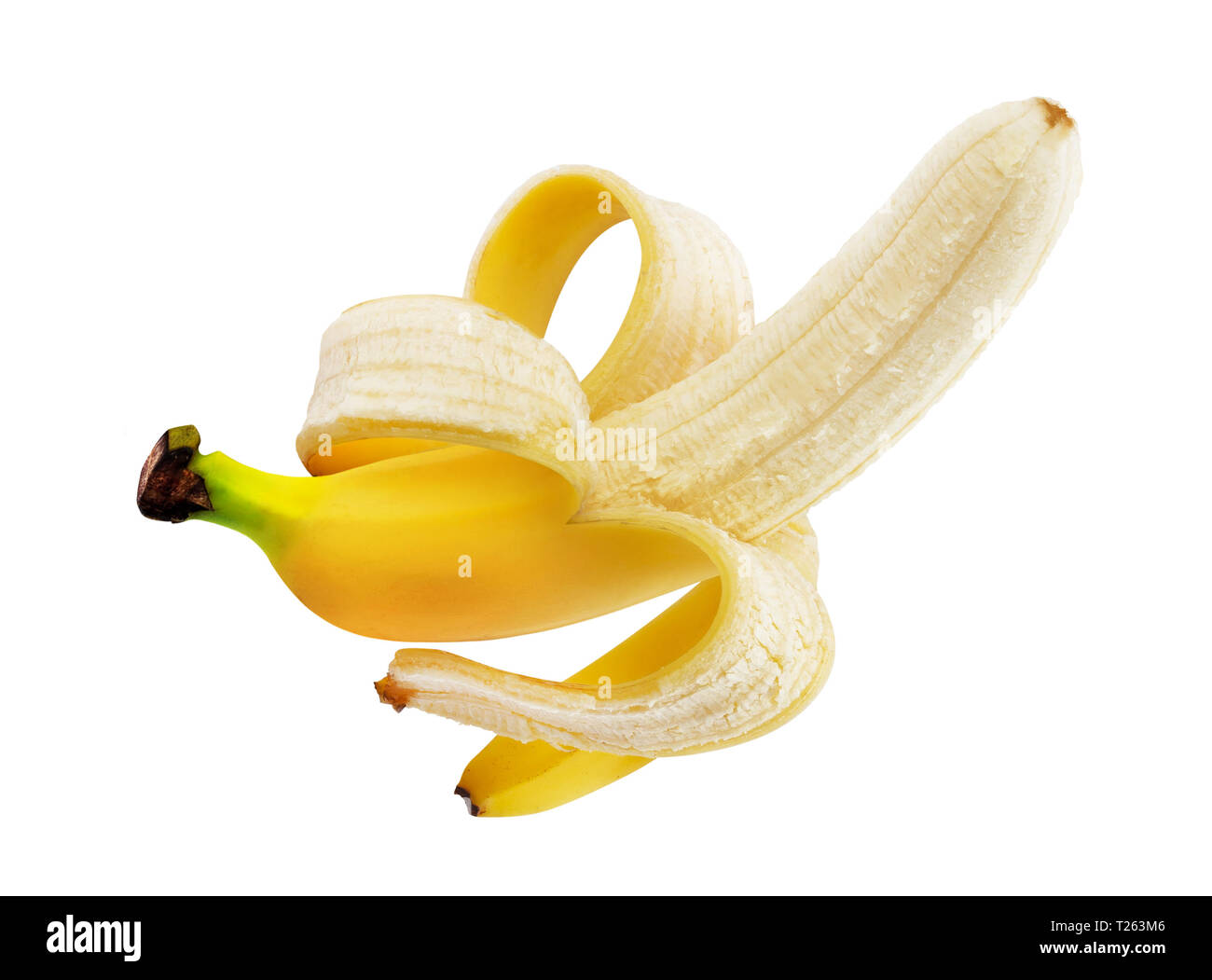 Uno aperto banana pelata isolato su sfondo bianco con tracciato di ritaglio Foto Stock Uno aperto banana pelata isolato su sfondo bianco con tracciato di ritaglio Foto Stock