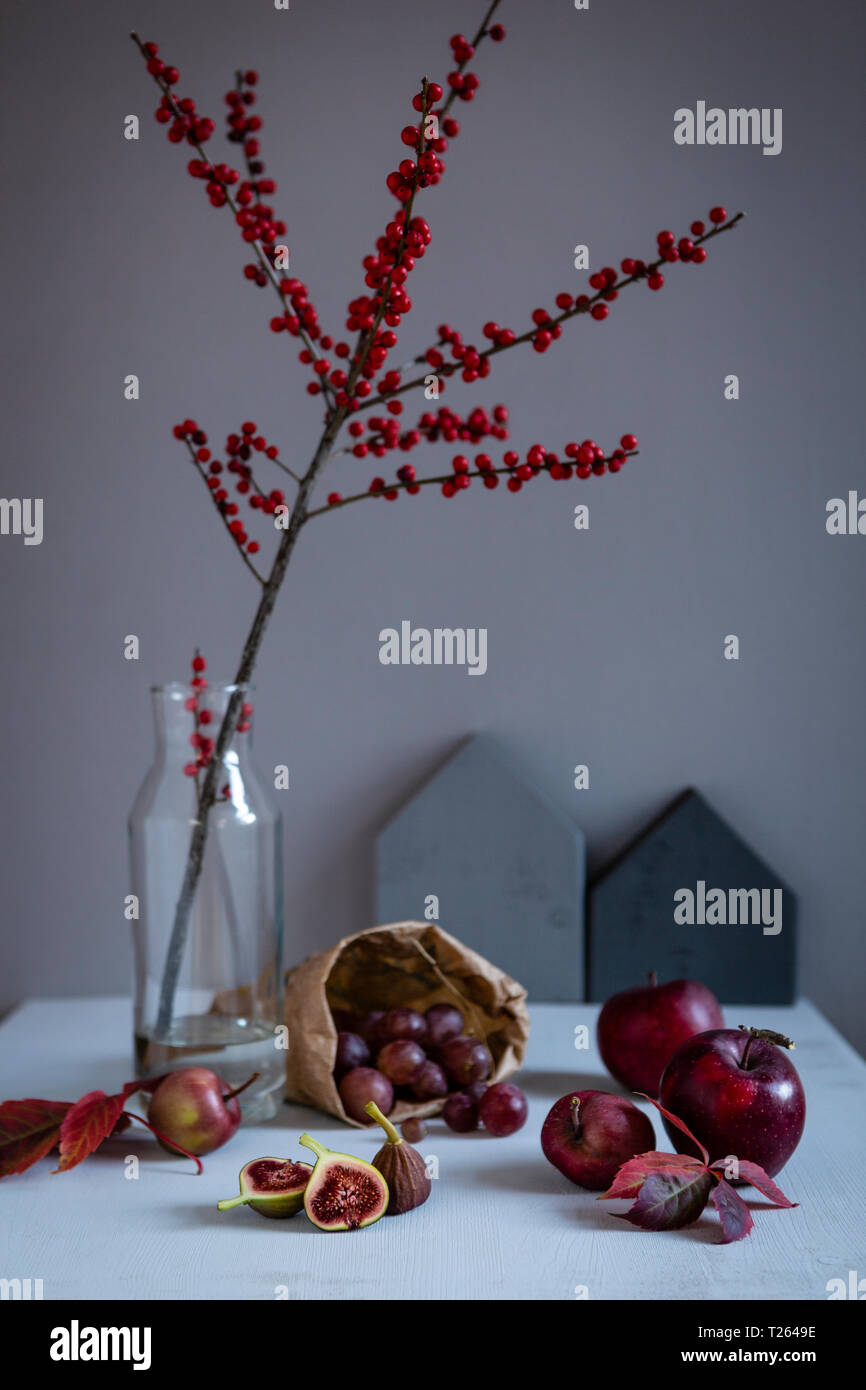 Rametto di agrifoglio in vaso, rosso frutti e foglie di autunno Foto Stock