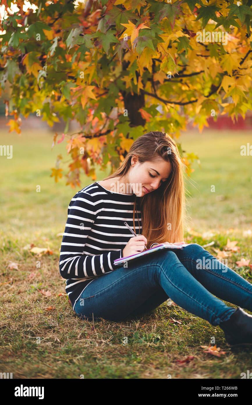 Giovane donna con i notebook seduto sul prato in un parco in autunno a prendere appunti Foto Stock