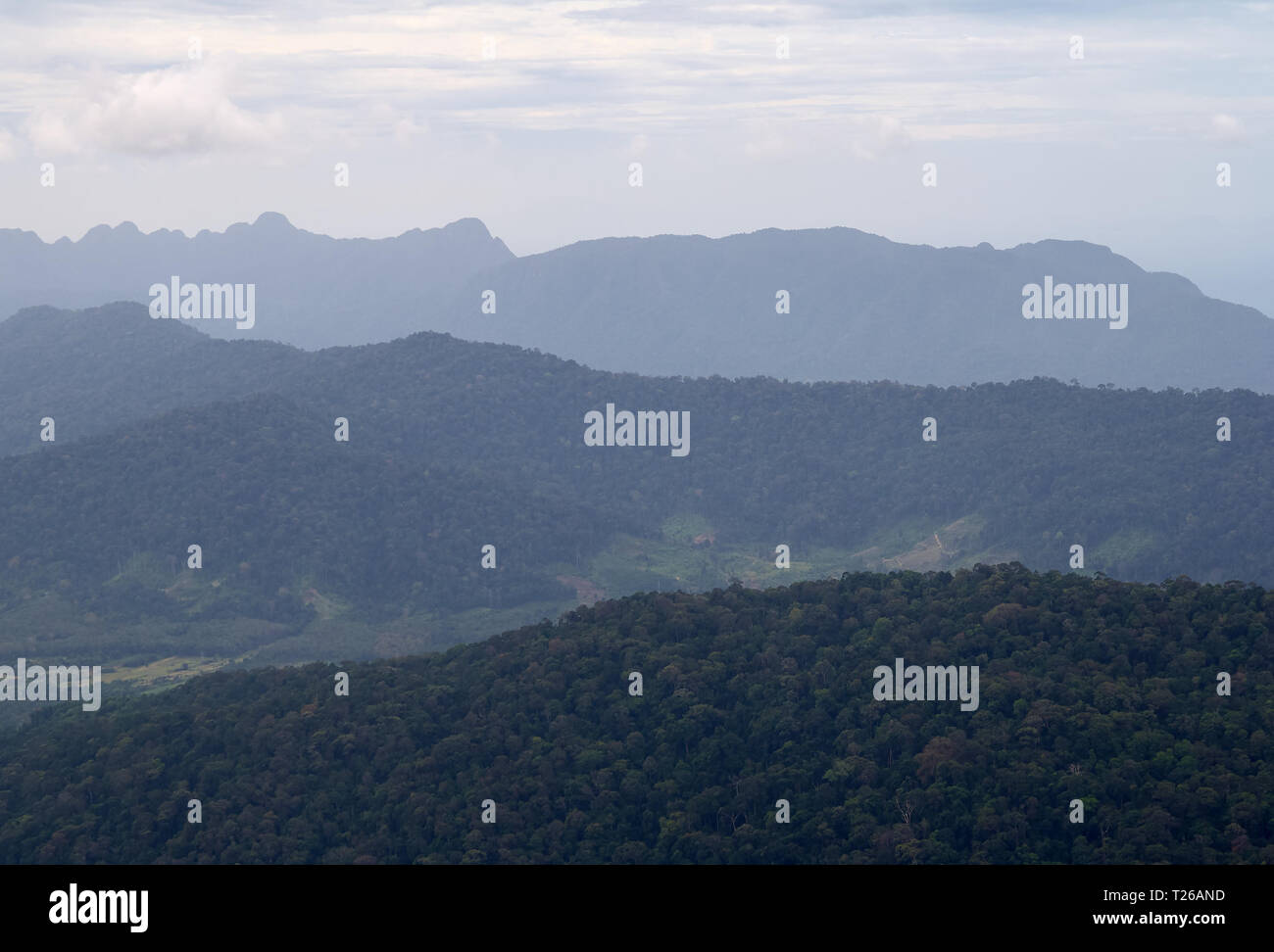 Un paesaggio fantastico vista dalla torre di osservazione a Gunung Raya, il punto più alto di Langkawi, Malesia. Montagne distanti nella nebbia e l'oceano Foto Stock