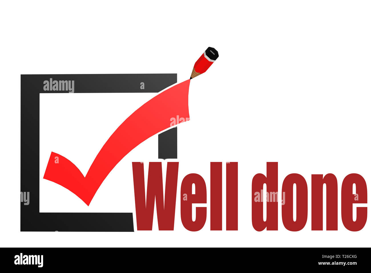 Ben fatto parola con il segno di spunta e matita, rendering 3D Foto Stock