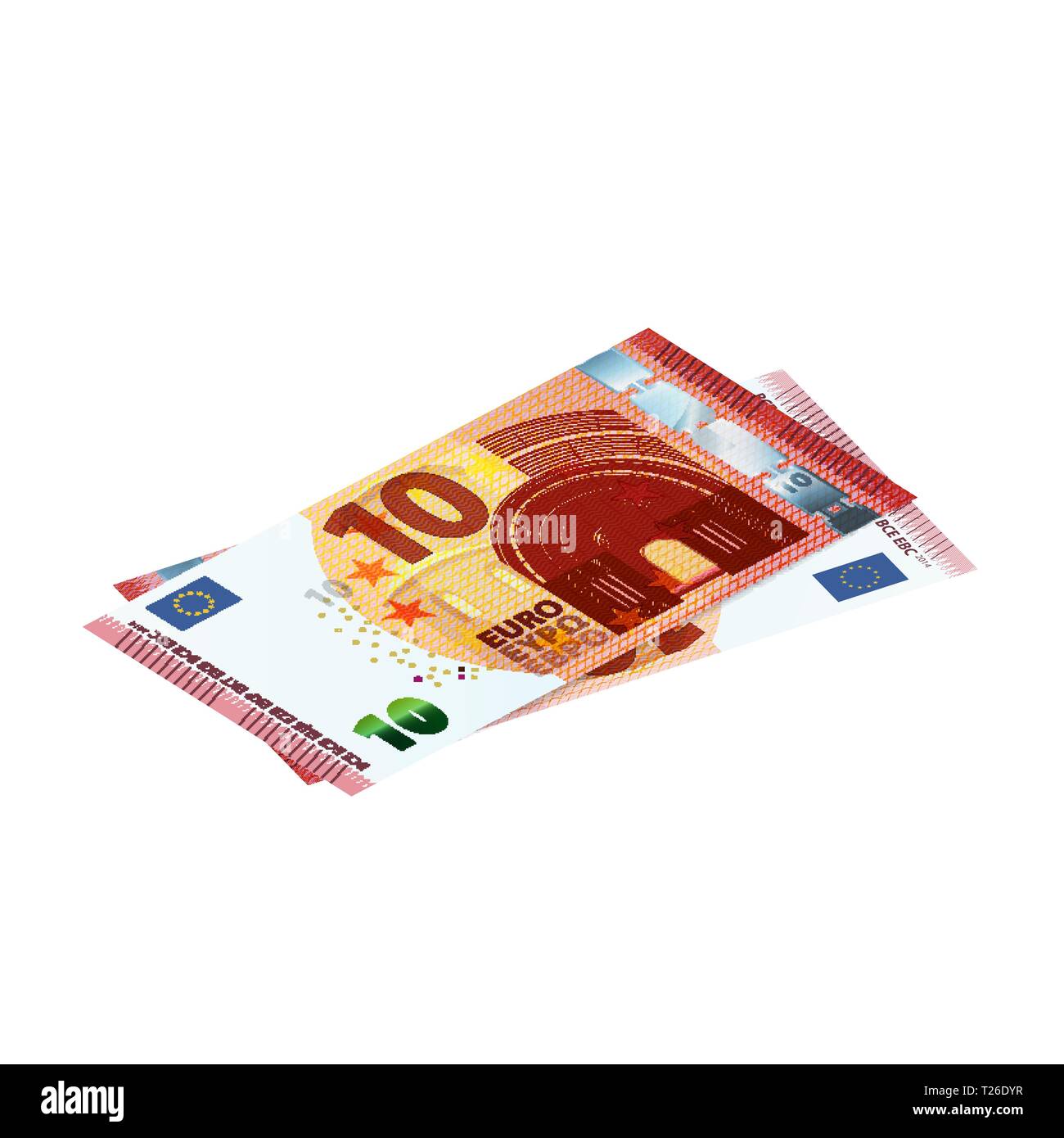 Paio di 10 banconote in euro in vista isometrica su bianco Illustrazione Vettoriale