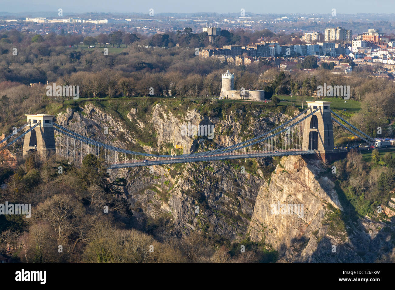 Il ponte sospeso di Clifton e the Avon Gorge. Bristol dall'aria. Foto Stock